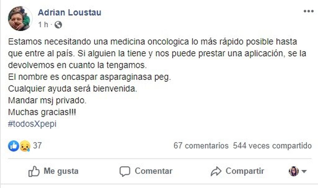 Mensaje de Facebook de Adrán Loustau, papá de Pepi.
