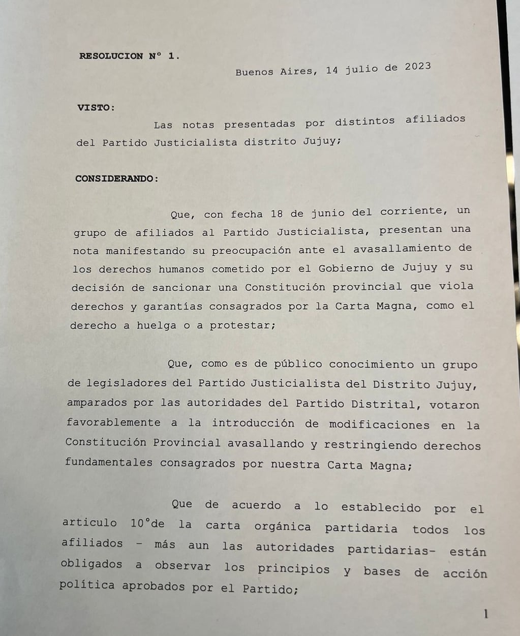 La resolución número 1 de este año del Consejo Nacional del Partido Justicialista (PJ), que preside Alberto Fernández, que dispone la intervención del Distrito Jujuy del Partido Justicialista.