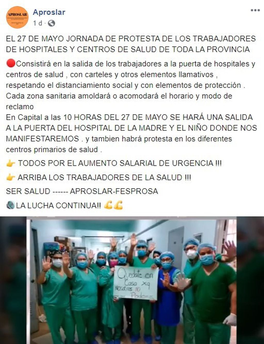 Jornada de Protesta - Trabajadores de la Salud - APROSLAR (Facebook)