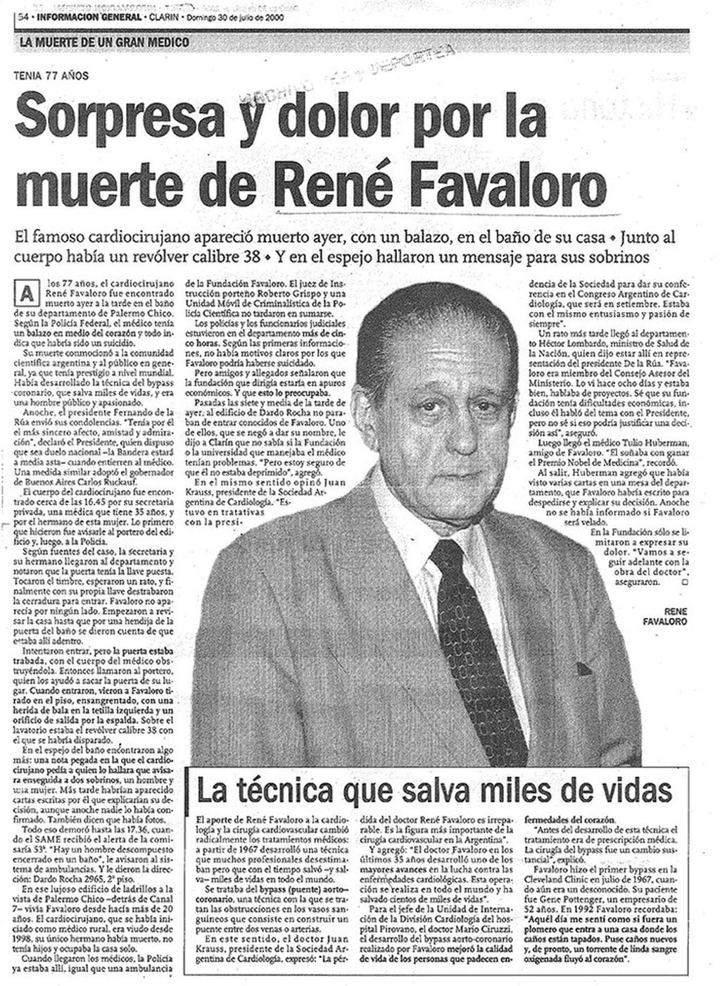 El día que murió René Favaloro y las publicaciones en los diarios. 