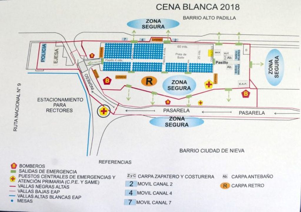 Plan con la disposición y señalización del predio de la Ciudad Cultural donde se realiza esta noche la Cena Blanca 2018.