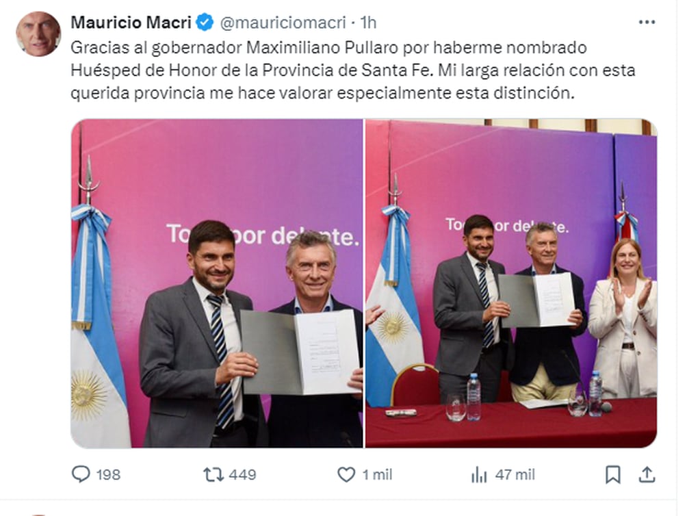 Mauricio Macri elogió a Pullaro y le agradeció por declararlo Huésped de honor.
