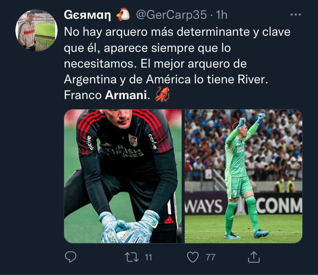 El usuario @GerCarp35 lo puso a Armani como el mejor arquero de Argentina y de América.