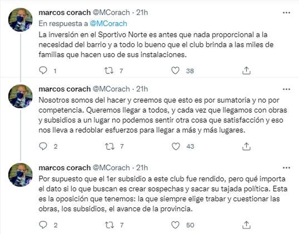 Tweets del Ministro de la Gestión Pública, Marcos Corach, tras la polémica por el nuevo subsidio a Sportivo Norte