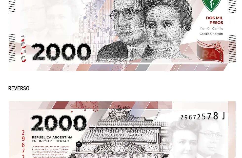 Billete de 2000 pesos con la imagen de Cecilia Grierson y al doctor Ramón Carrillo - BCRA