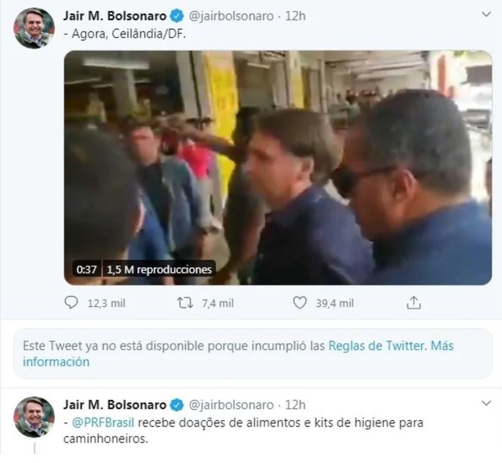 Uno de los tuits eliminados, un video del presidente violando el aislamiento (Web)