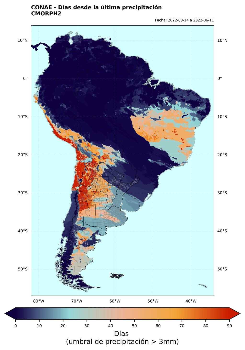 Registro de lluvias en Sudamérica.