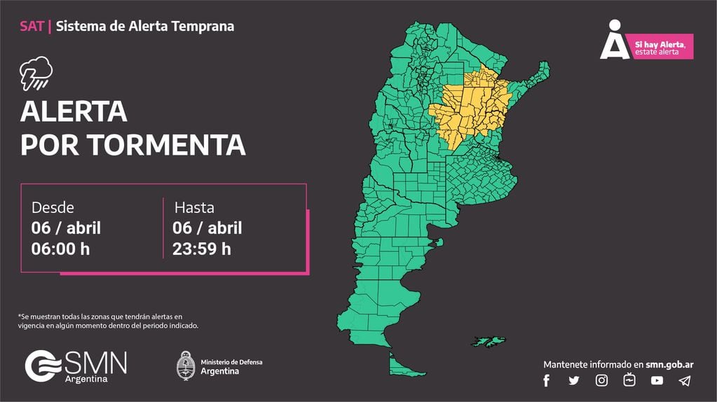 Alerta amarilla por tormentas en Córdoba.