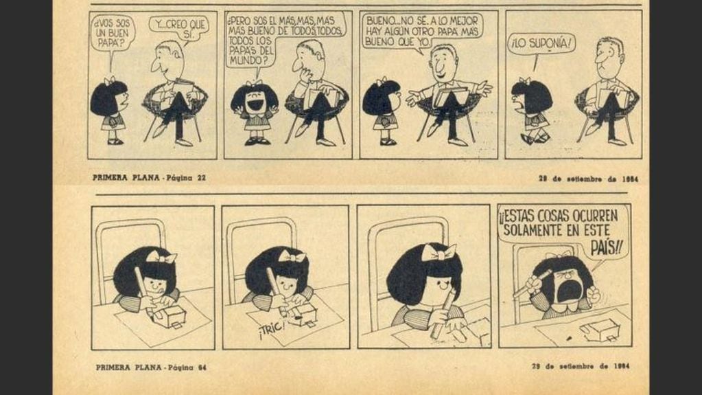 Imagen de la primera tira de Mafalda del mendocino Joaquín Lavado publicada el 29 de setiembre de 1964 en la revista Primera Plana. Los Andes
