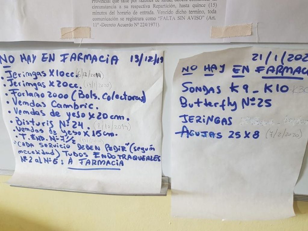 Listados de faltantes en la farmacia del hospital "Oscar Orías" de Libertador General San Martín.