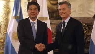 ENCUENTRO. El  presidente Mauricio Macri y el primer ministro de Japón, Shinzo Abe, en Casa de Gobierno este lunes  (Presidencia)