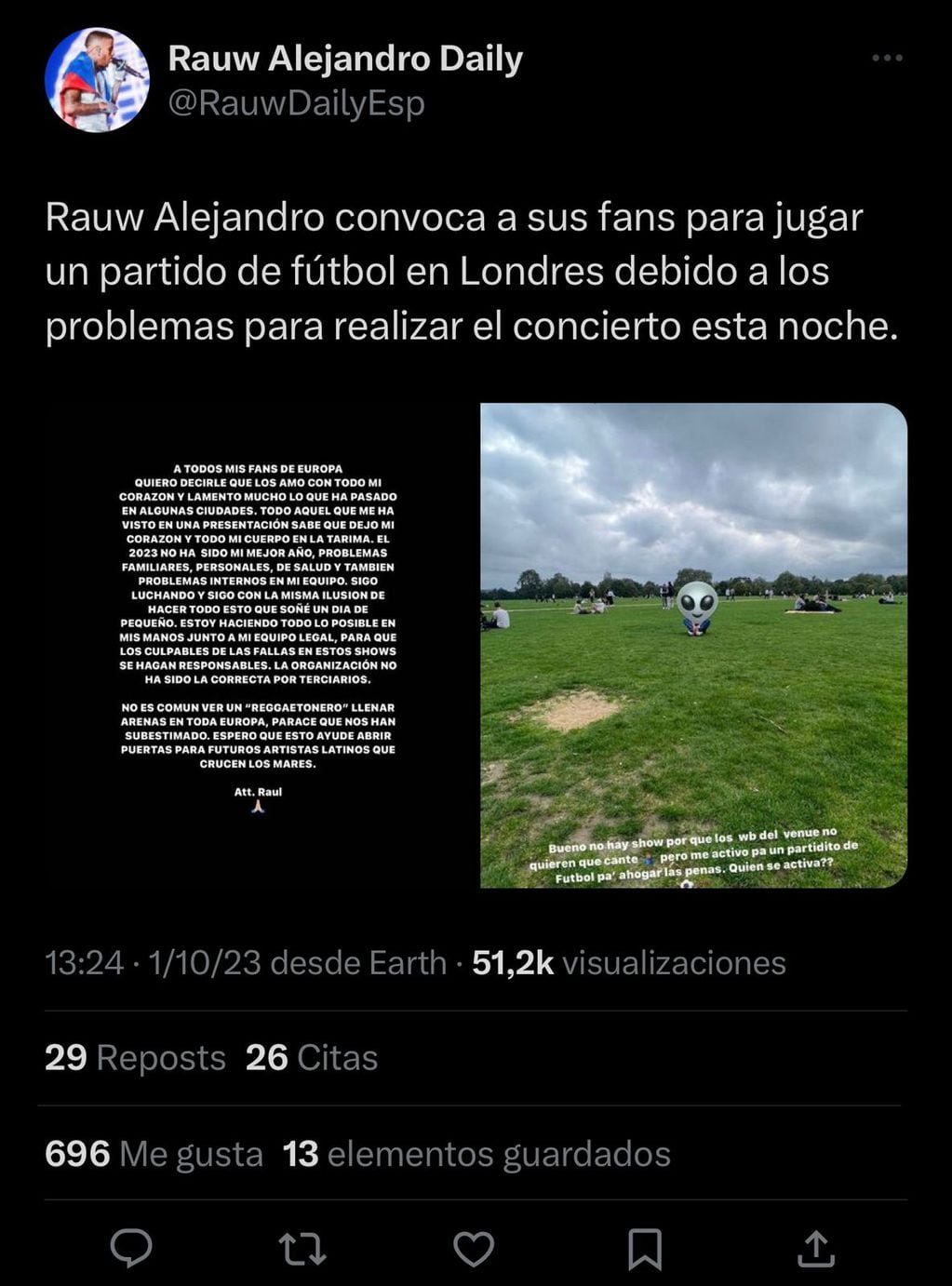 Rauw Alejandro tuvo que cancelar su concierto en Londres e invitó a sus fans a jugar un partido de futbol