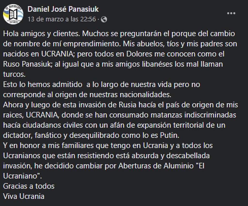 El descargo de Daniel José Panasiuk sobre el cambio de nombre de su negocio.
