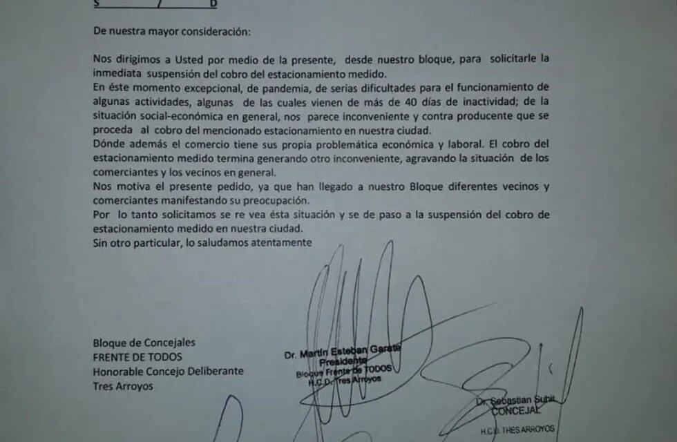 Carta del Frente de Todos solicitando la suspensión del cobro del Estacionamiento Medido.