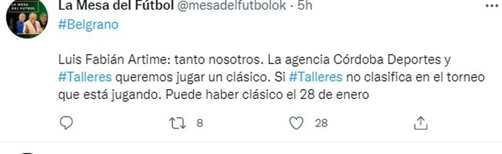 Luis Artime, presidente de Belgrano, optimista para la realización del clásico con Talleres.