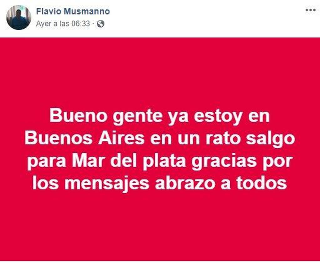 El mensaje que Flavio Musmanno publicó en su cuenta de Facebook al llegar a Buenos Aires