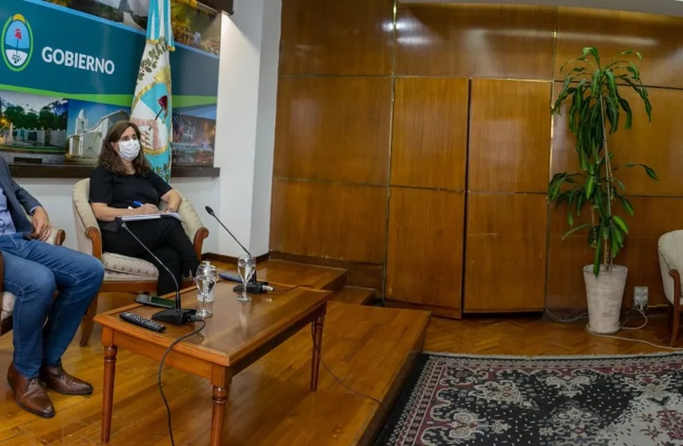 El gobernador de Mendoza y la ministrad e Salud provincial en plena conferencia con el presidente Fernández. (Archivo)