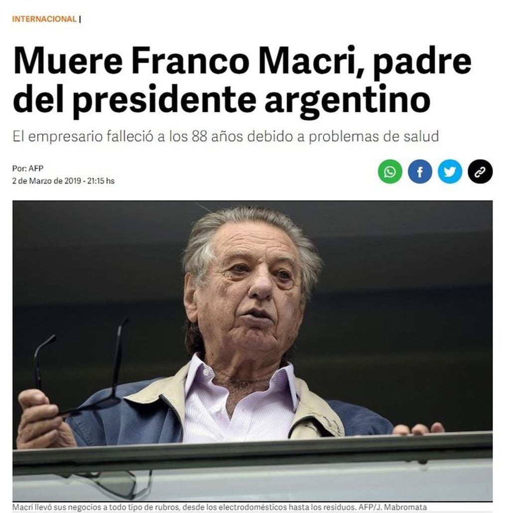 La muerte de Franco Macri en el diario El Informador de México.