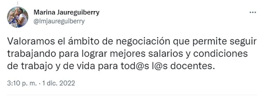 El tuit de la secretaria gremial de Sadop, Marina Jaureguiberry.