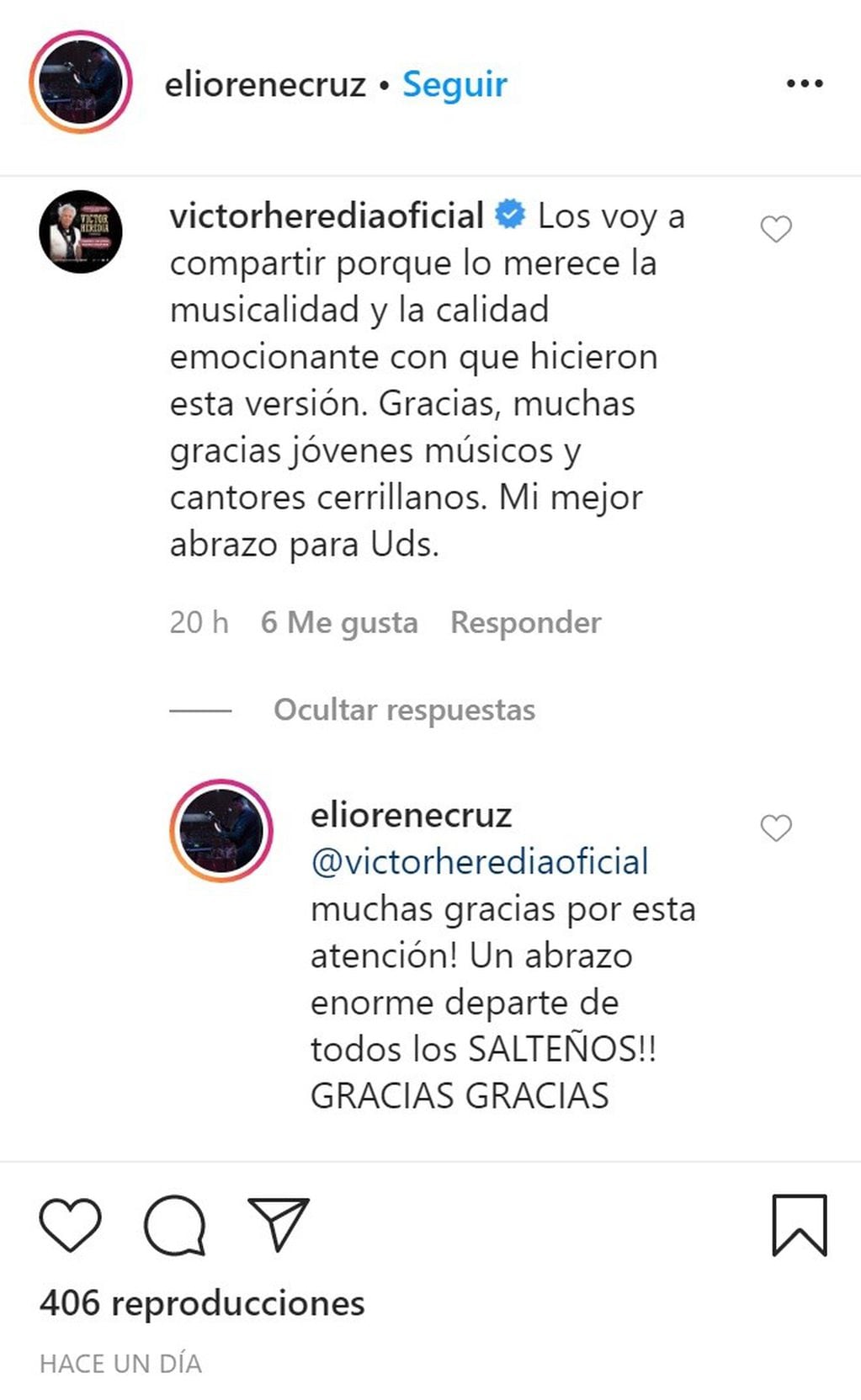 Artistas salteños compartieron su versión de Razón de Vivir, de Víctor Heredia (Instagram Elio Cruz)