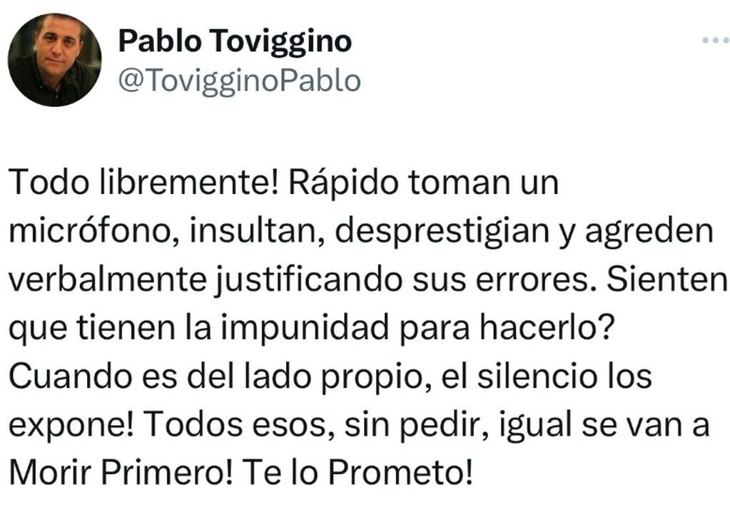 Pablo Toviggino, secretario de AFA sin nombrar a Belgrano y a Guillermo Farré, lanzó una publicación intimidatoria.