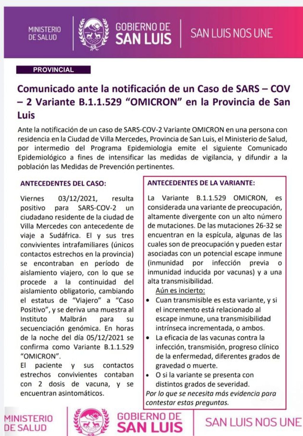 Comunicado Gobierno de San Luis acerca de la variante Omicrón