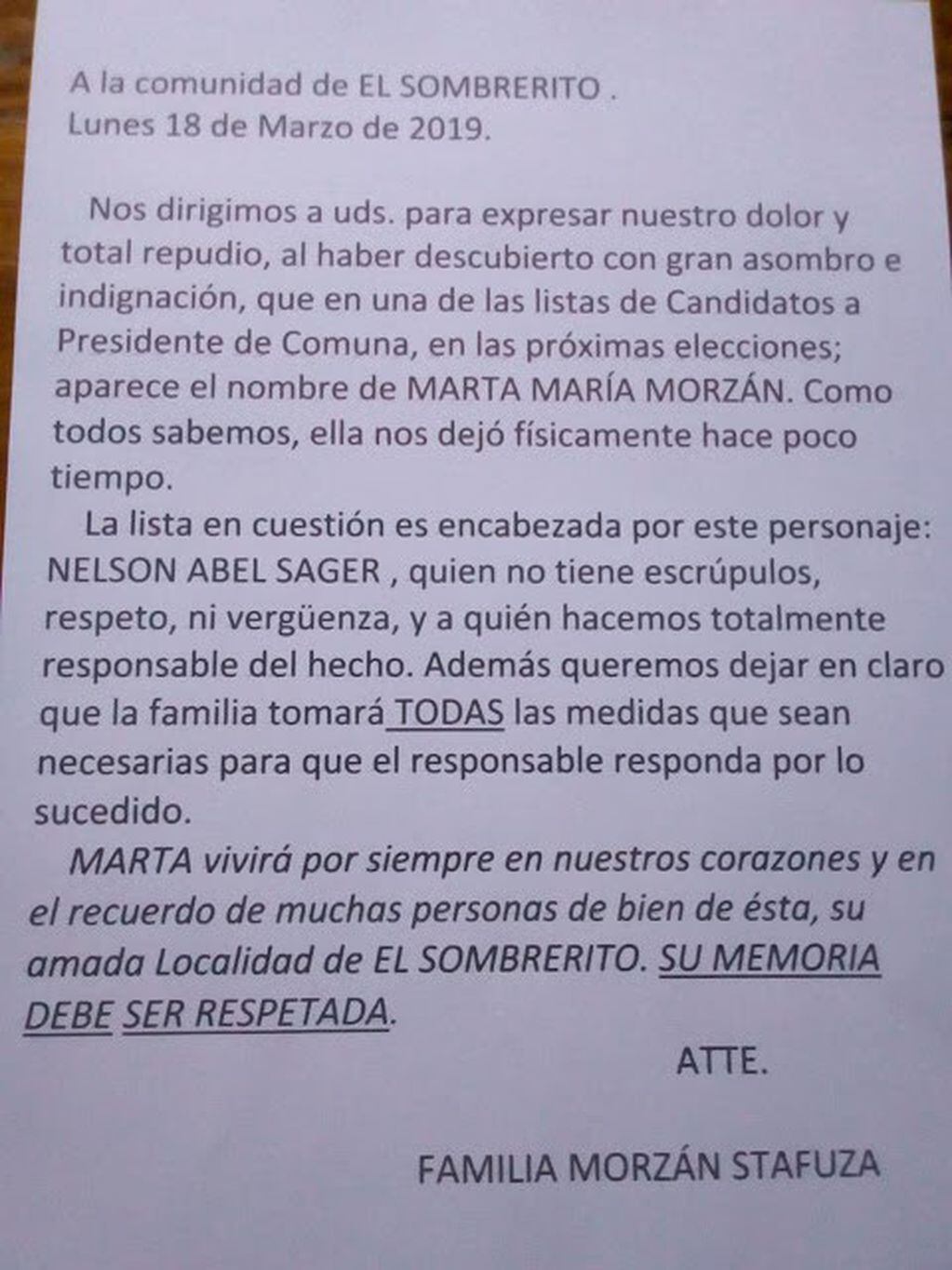 La familia de Marta María Morzán escribió una carta de repudio. (Infonea)