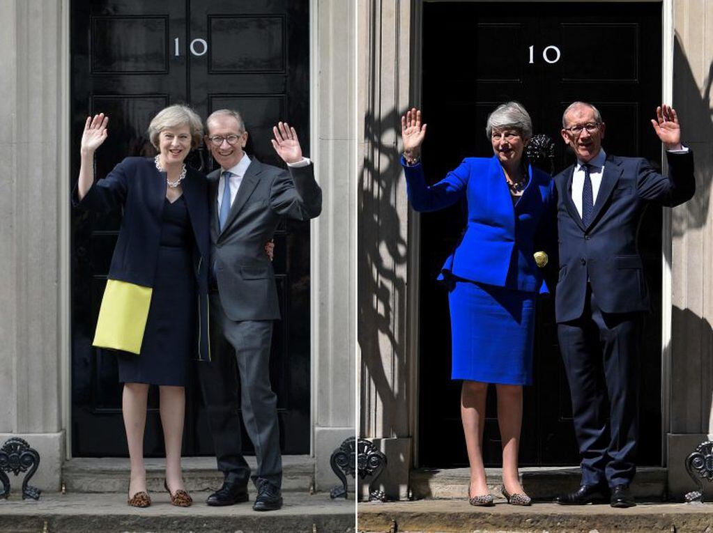 Primer ministra Theresa May y su esposo Philip May en 2016 y en 2019