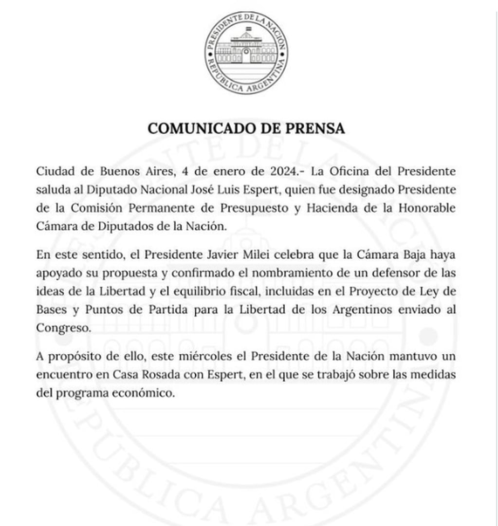El comunicado de la Oficina del Presidente Javier Milei.