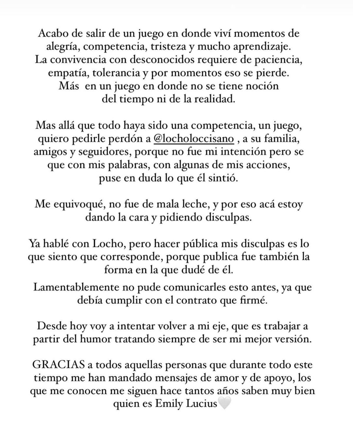El comunicado que Emily Lucius publicó en su cuenta de Instagram.