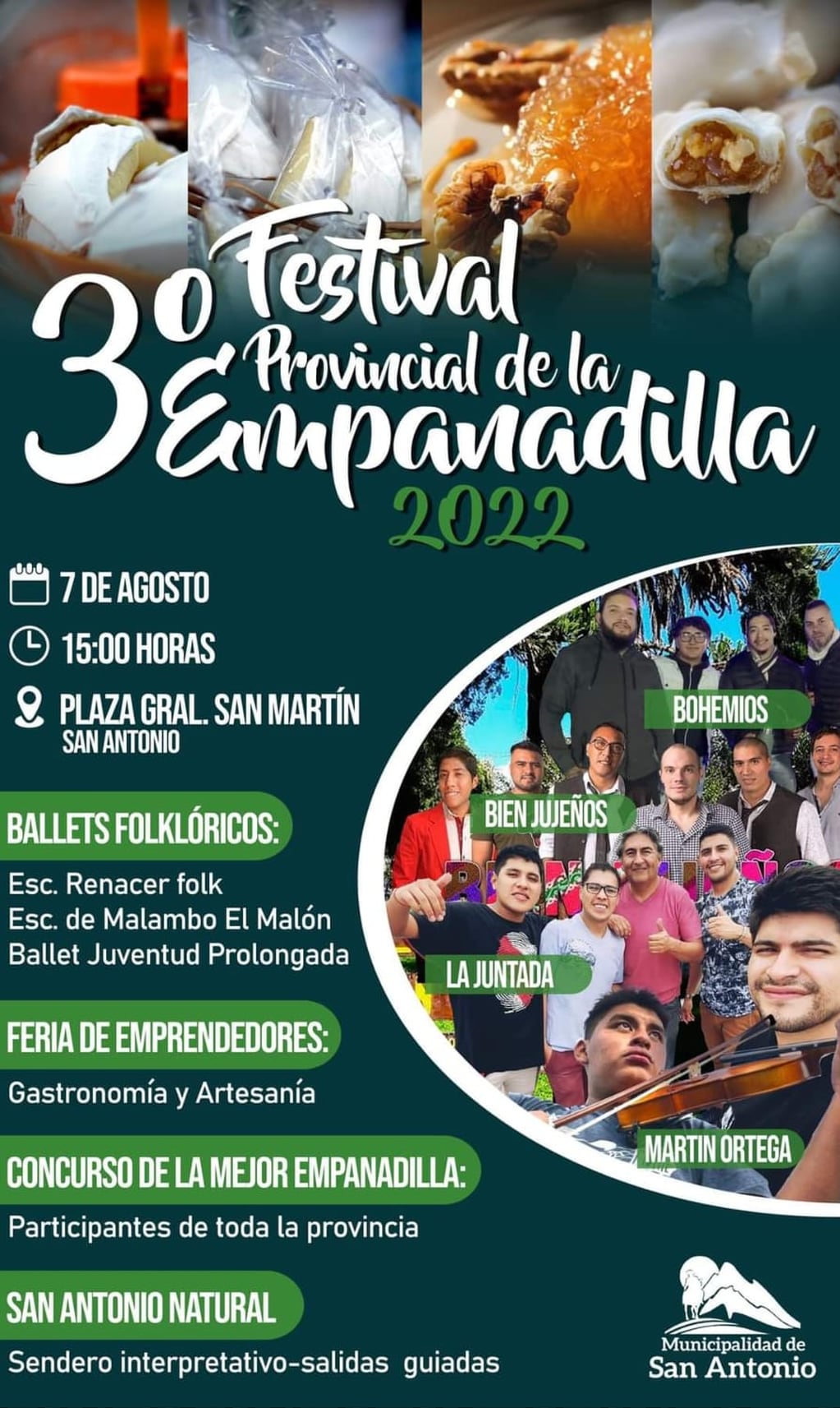 Folleto que anuncia los artistas que animarán el tercer Festival Provincial de la Empanadilla este domingo en San Antonio, Jujuy.