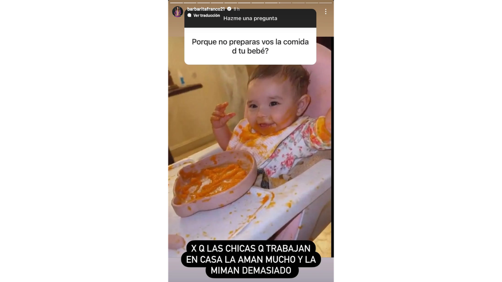 La razón por la que Barby Franco no le prepara la comida a su bebé: “La miman”.