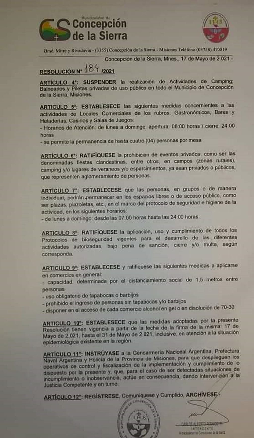 Resolución Municipal sobre las nuevas restricciones en Concepción de La Sierra