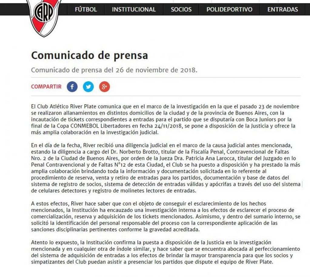 El comunicado de River.