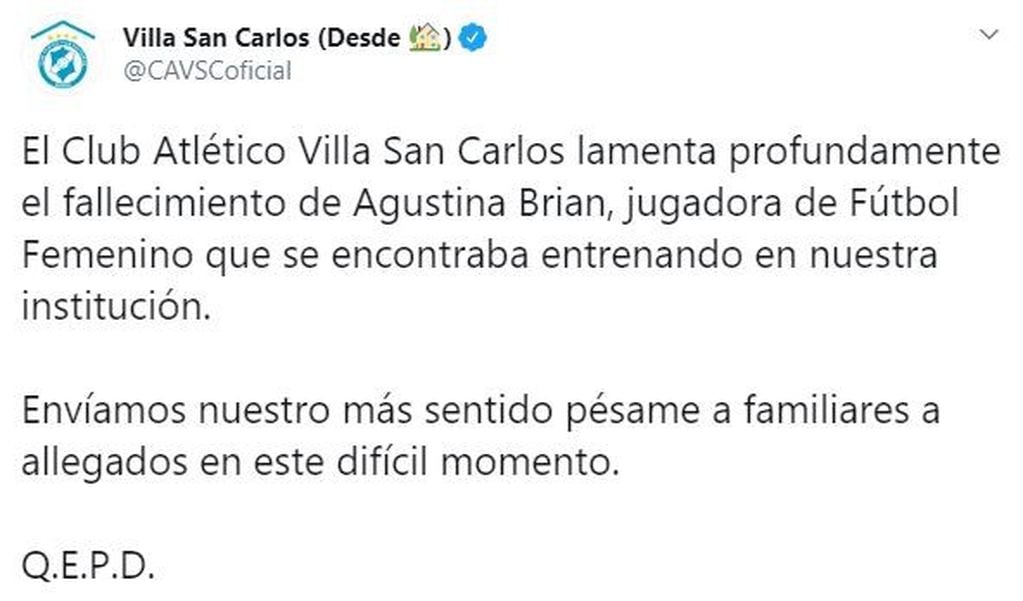 Mensaje de Villa San Carlos. (Twitter)