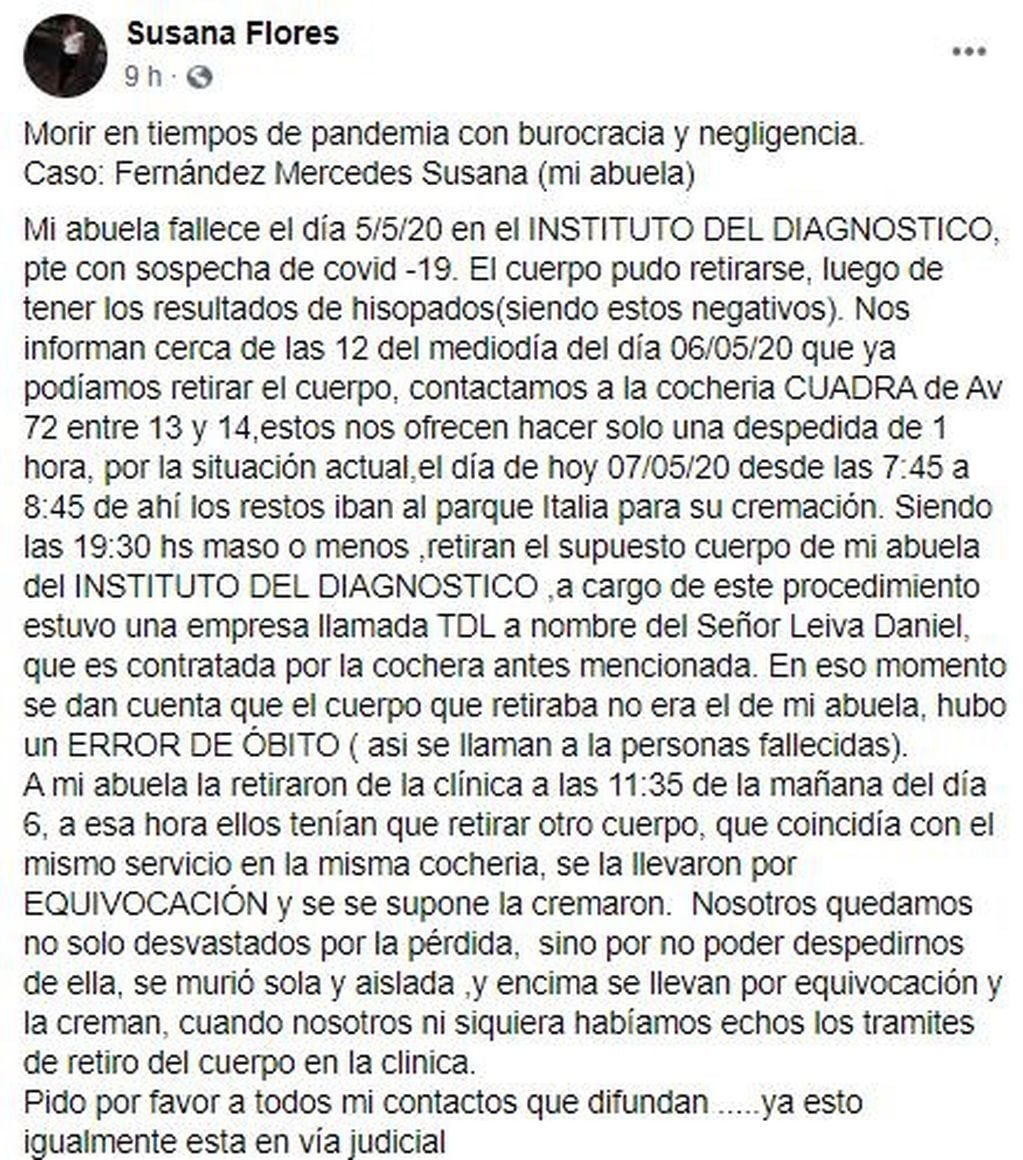 Susana Flores expresó su dolor y malestar tras lo sucedido (Facebook).