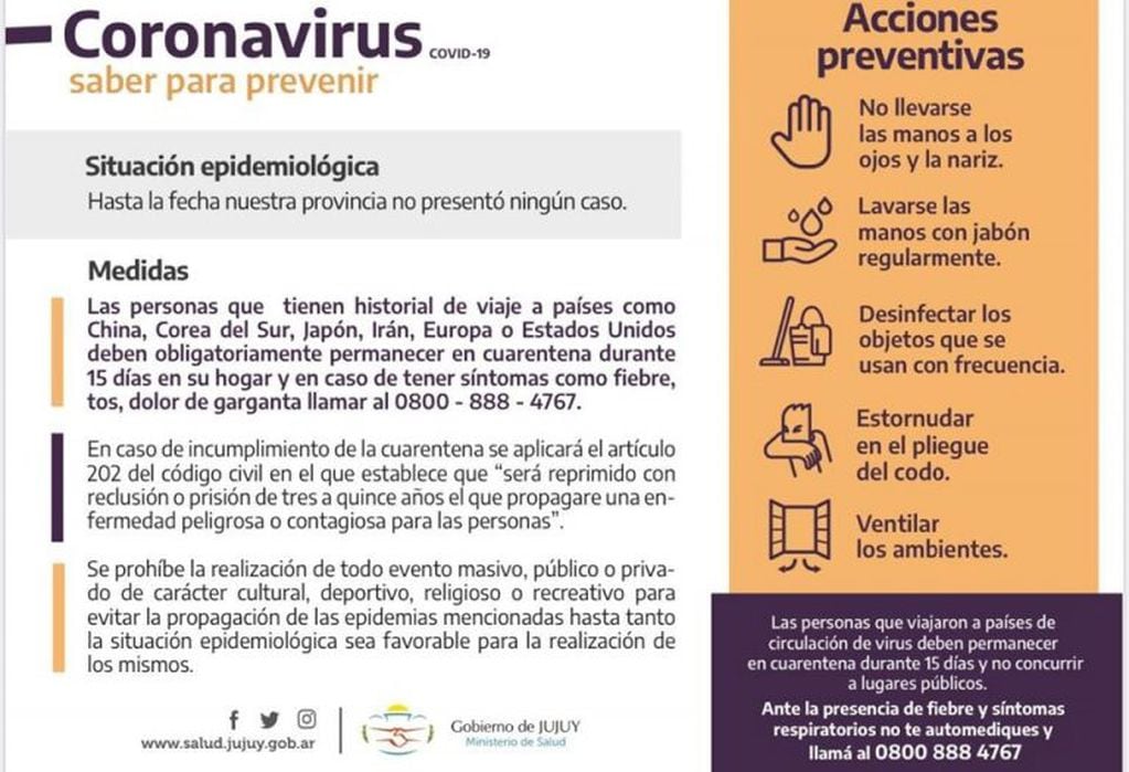 Recomendaciones para tener en cuenta, en prevención de la presencia de coronavirus en Jujuy.