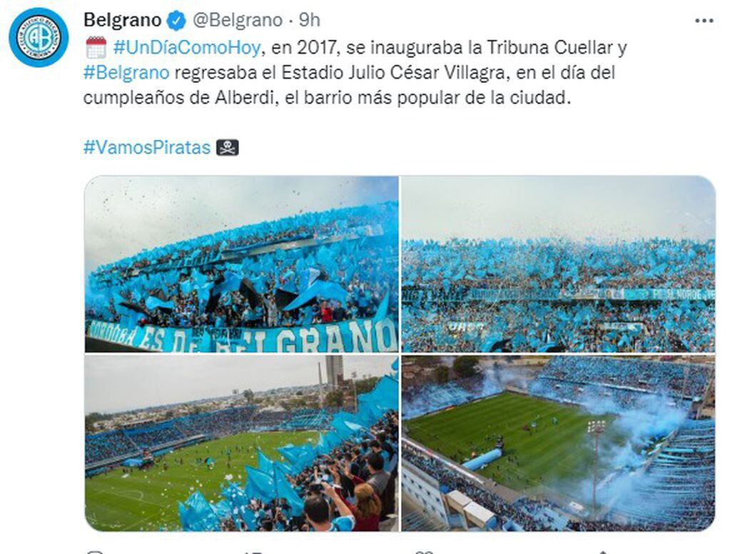 El Gigante explota. Belgrano inauguró la tribuna Cuellar en 2017, y se cumplió aniversario.