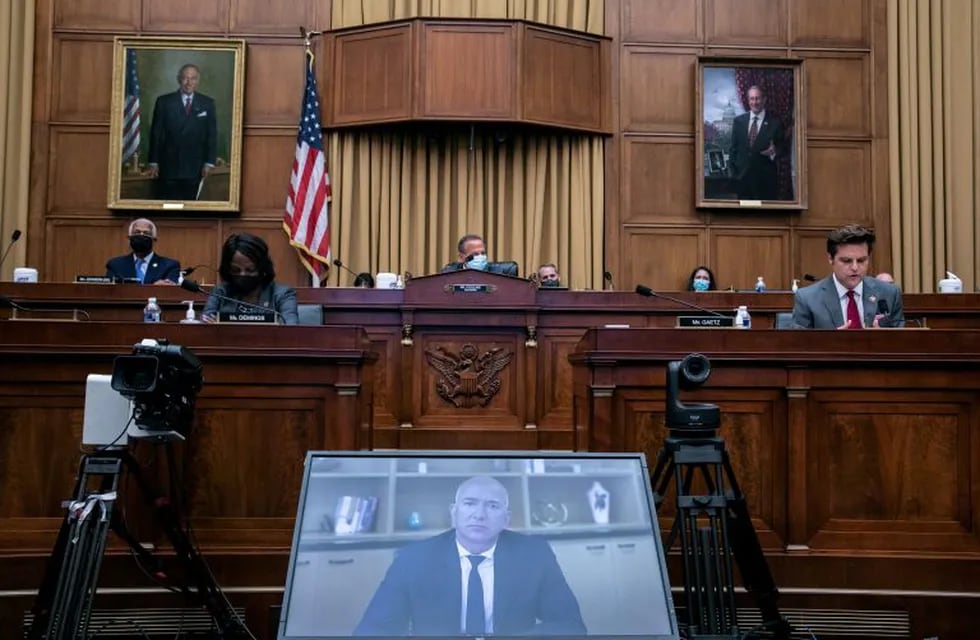 Amazon CEO Jeff Bezos speaks via video conference during a hearing of the House Judiciary Subcommittee on Antitrust, Commercial and Administrative Law on \