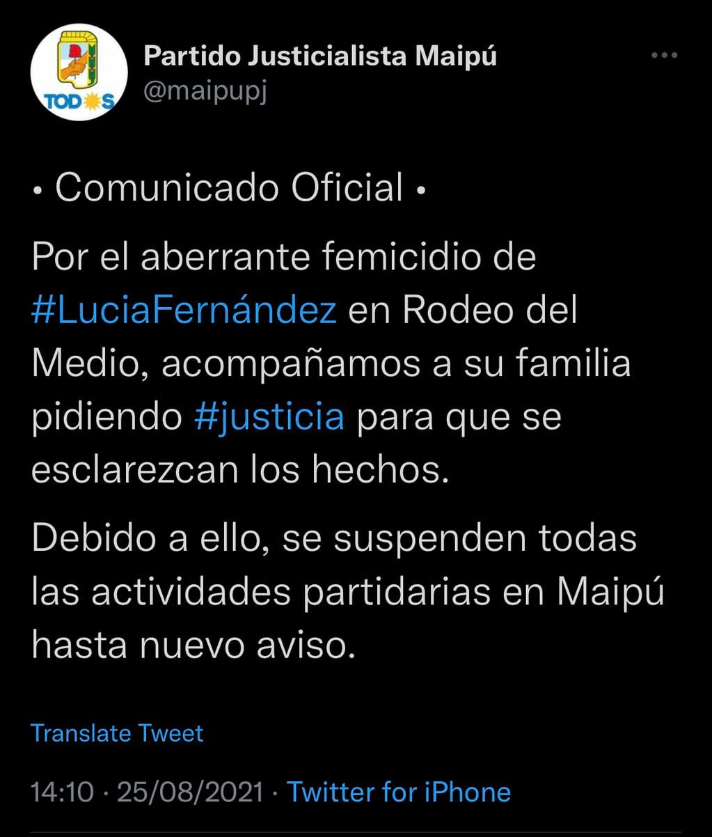 El tweet del PJ por el femicidio de Lucía Fernández.
