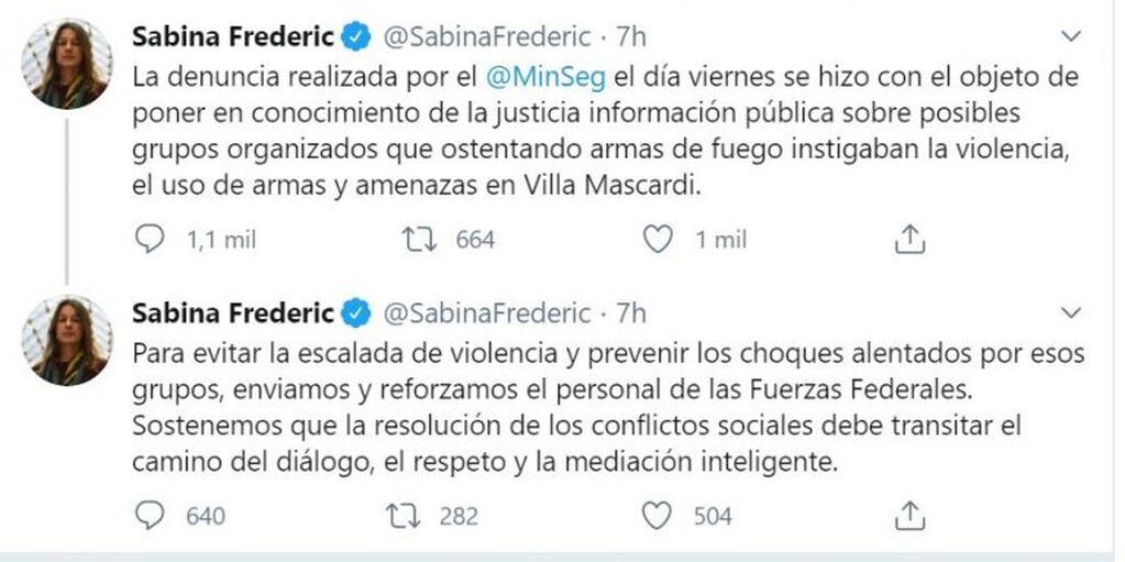 La ministra de Seguridad, Sabina Frederic, expuso los motivos de la denuncia a través de Twitter (web).