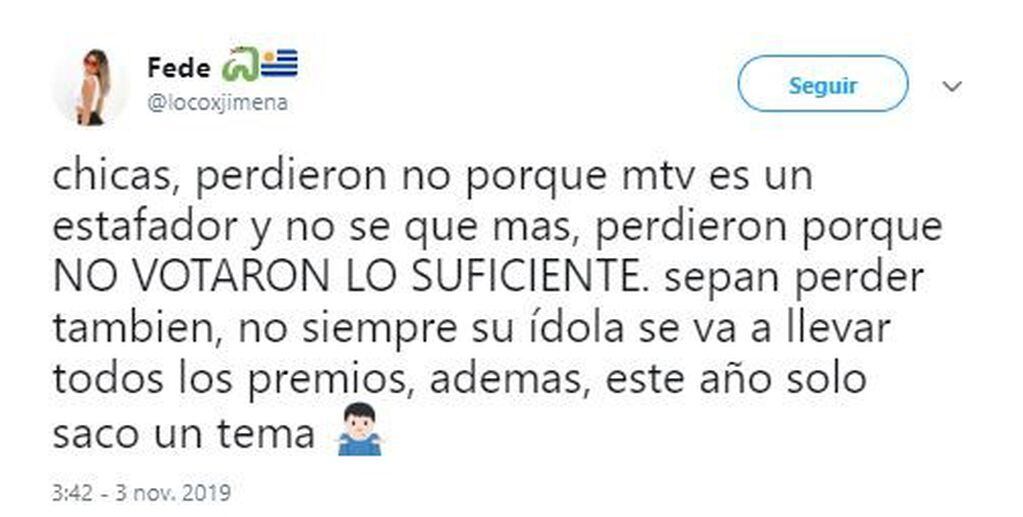 Los fans de Jimena Barón defendieron el triunfo de la artista en los MTV EMAs (Foto: Twitter)