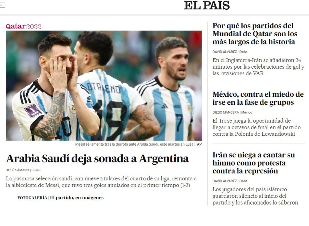 El País (España) La prensa internacional reaccionó con dureza a la derrota de Argentina frente a Arabia Saudita en el Mundial de Qatar 2022