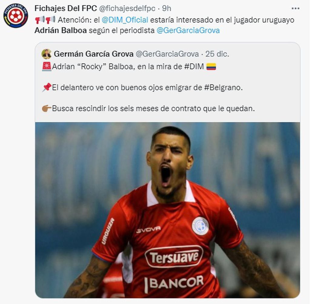 Rocky Balboa interesa en Independiente Medellín, y quiere dejar Belgrano.