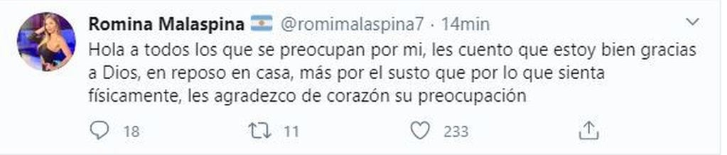 El mensaje de Romina Malaspina. (Twitter)