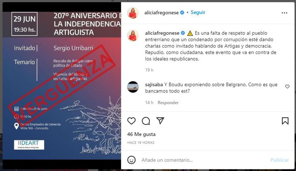 Alicia Fregonese repudió en redes sociales la actividad en donde se presentará Urribarri.