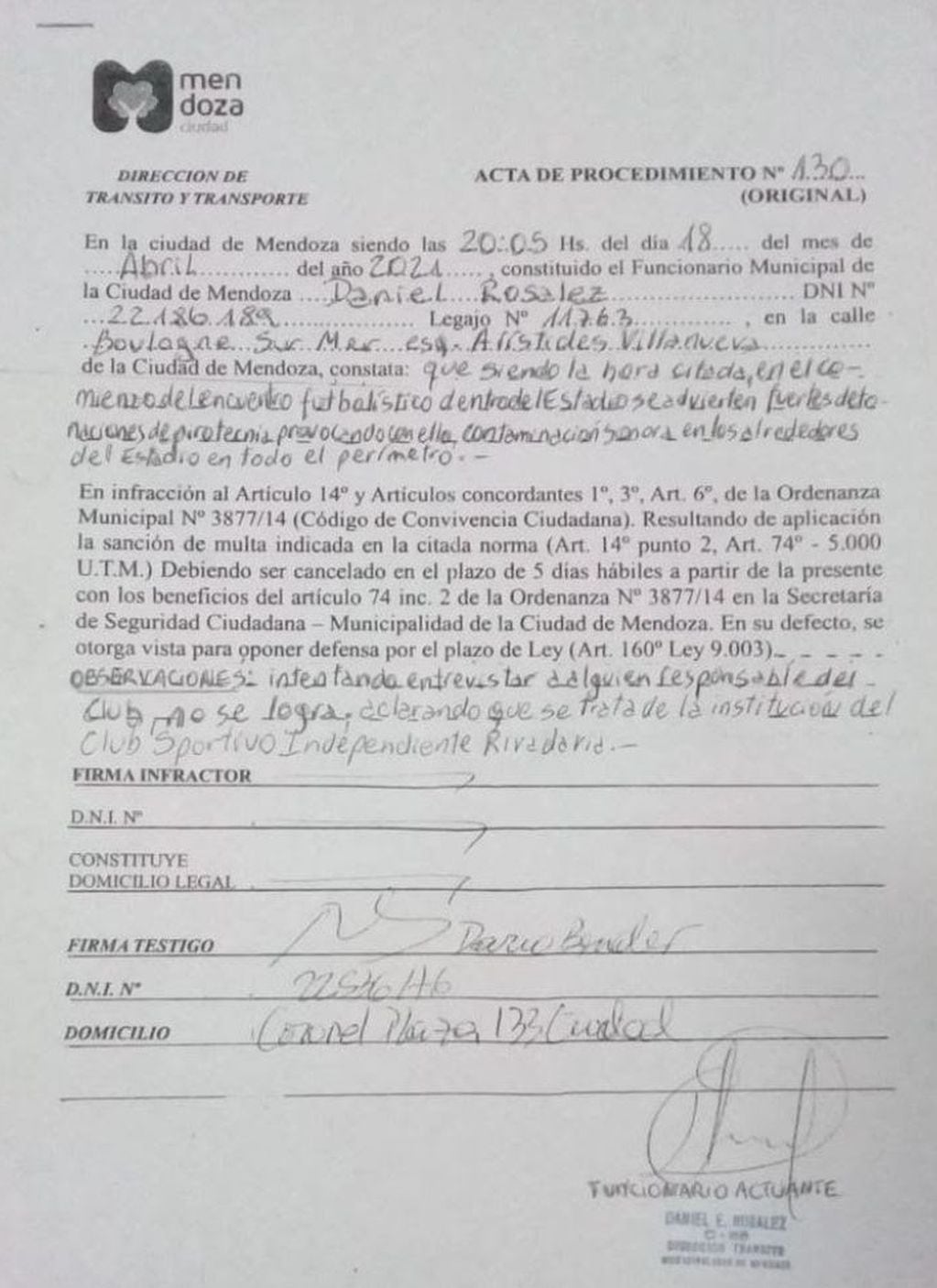 La Municipalidad de Mendoza sancionó al club Independiente Rivadavia por el uso de pirotecnia.