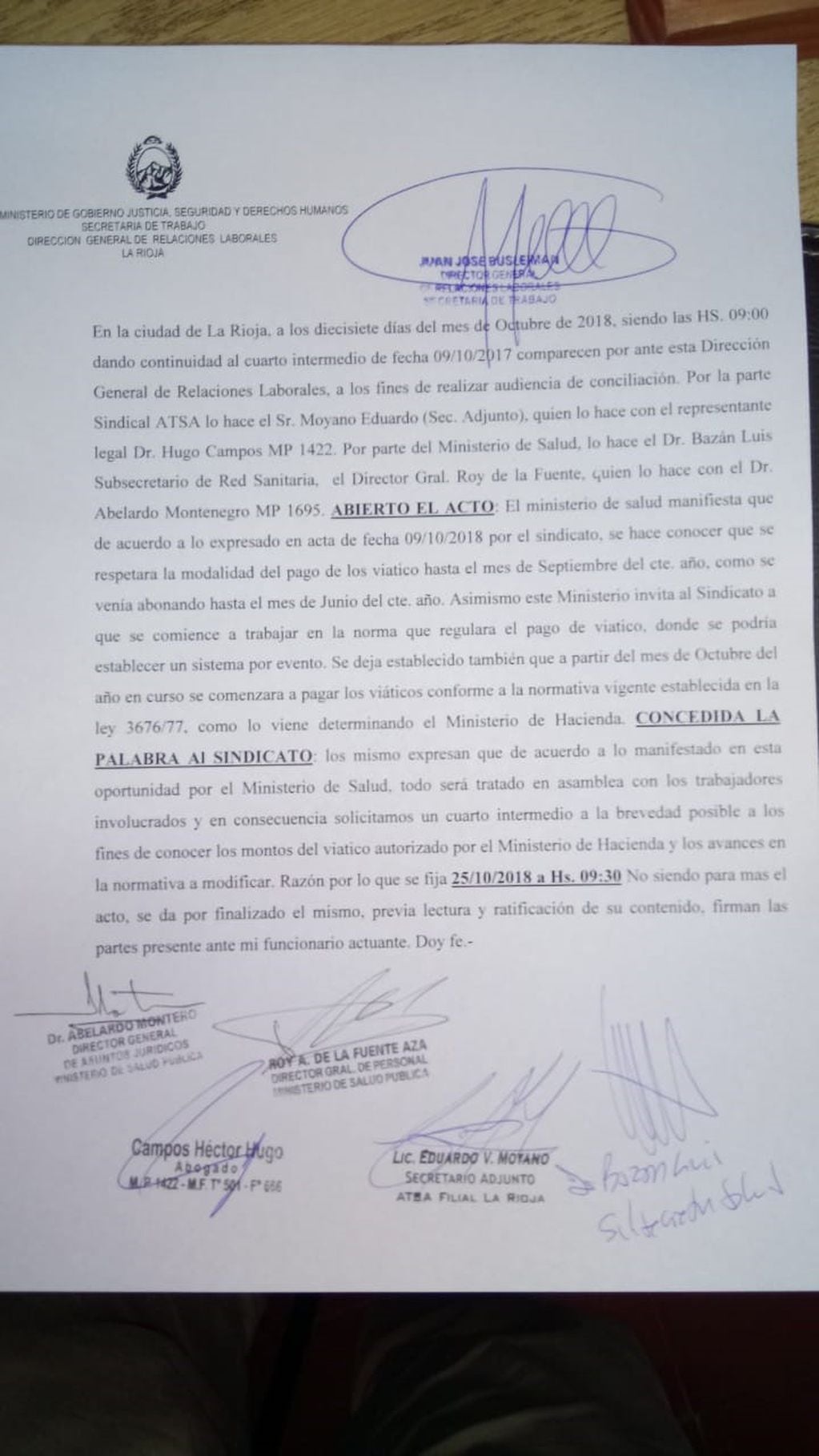 Conciliación ATSA y Ministerio de Salud La Rioja