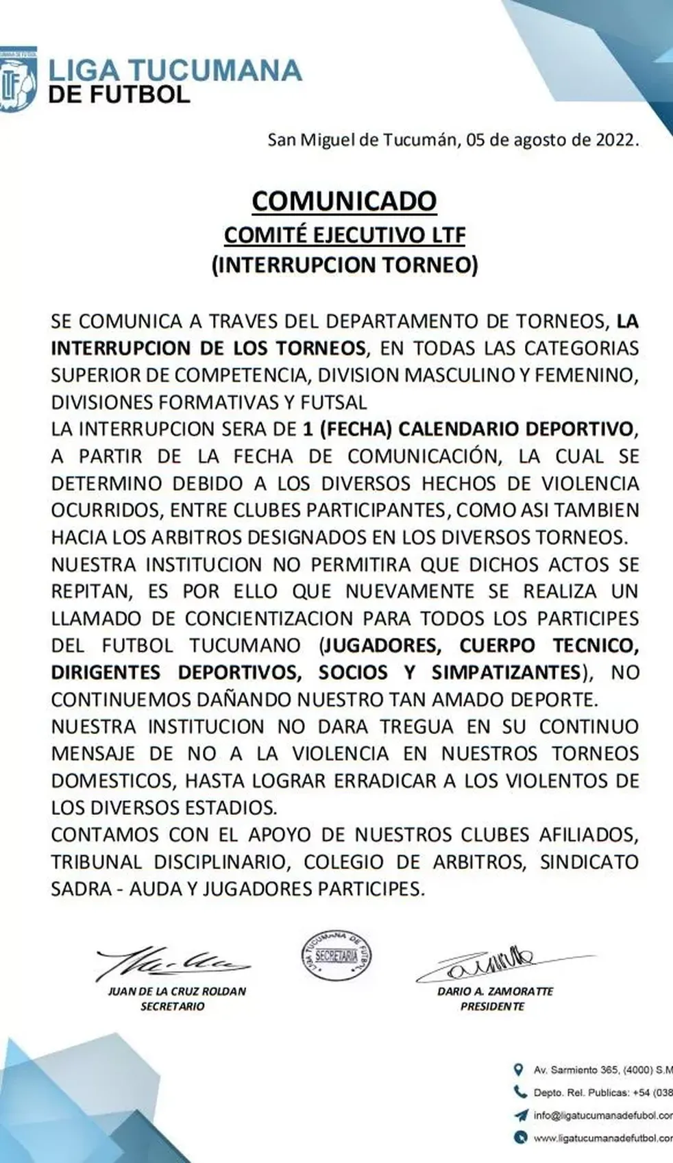 Comunicado de la Liga Tucumana de Fútbol.