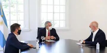 Encuentro. Alberto Fernández reunido con Larreta y Kicillof. (Presidencia)